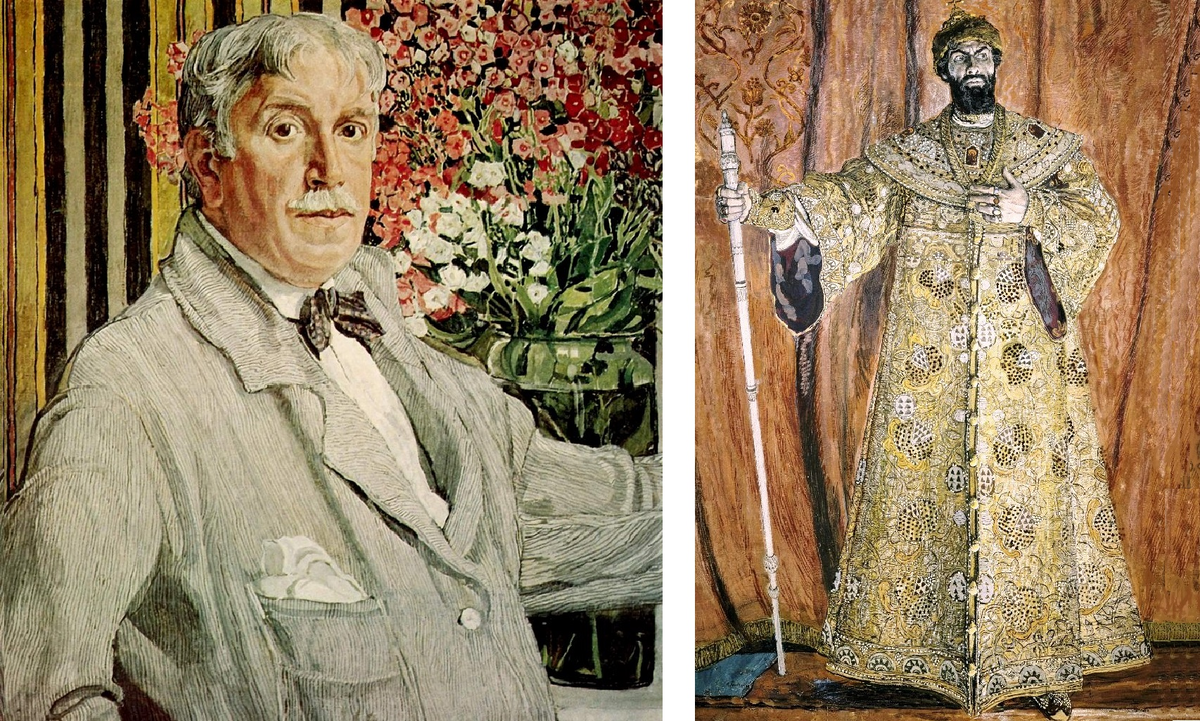 Слева: Автопортрет с полосатой тканью. 1927 г. Справа: Портрет певца Ф.И. Шаляпина в роли Бориса Годунова