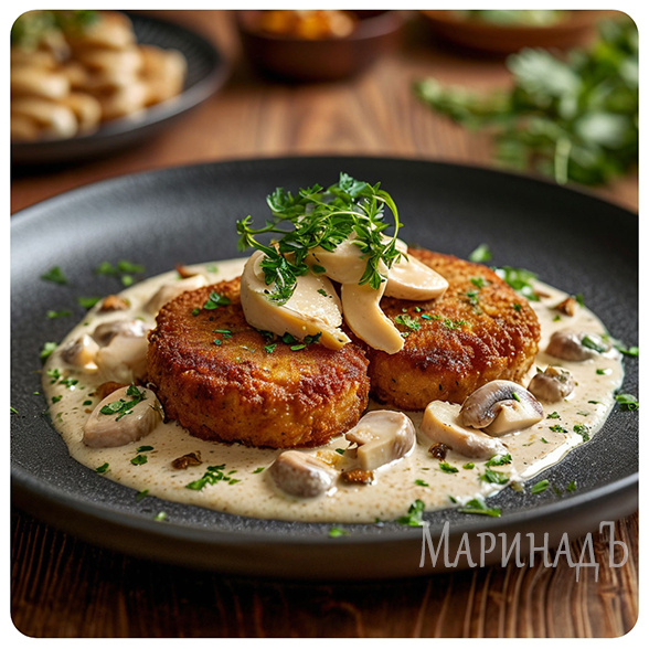 Котлеты из куриного фарша с шампиньонами и сливочным соусом/МаринадЪ