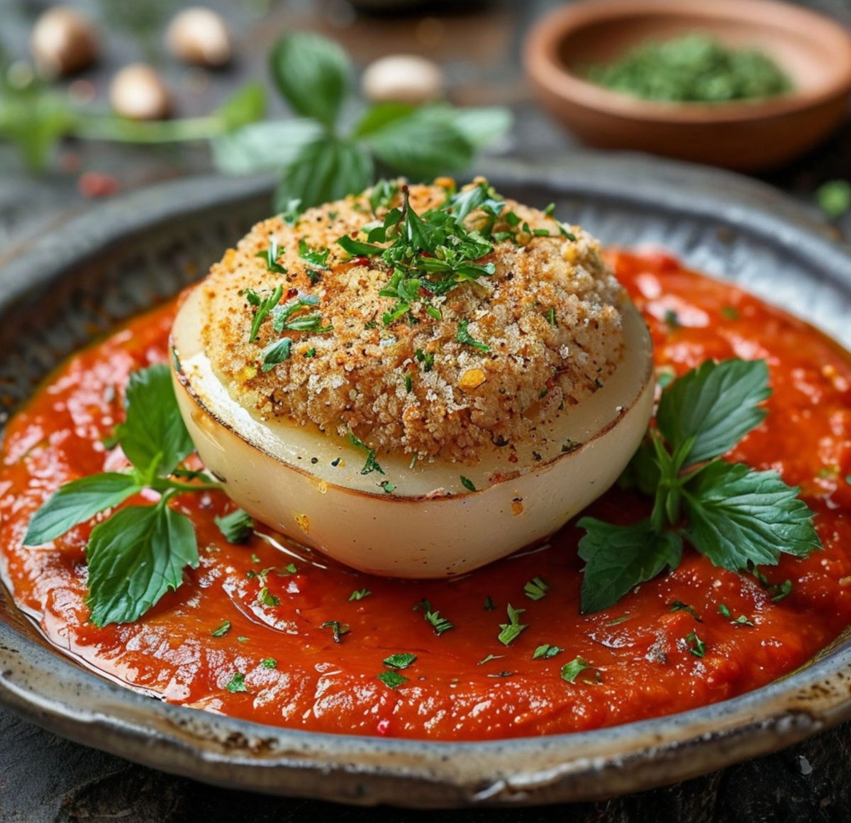 У плотных помидоров вырезают отверстие у плодоножки (стебля), вытряхивают семена, фаршируют помидоры мясом и запекают.