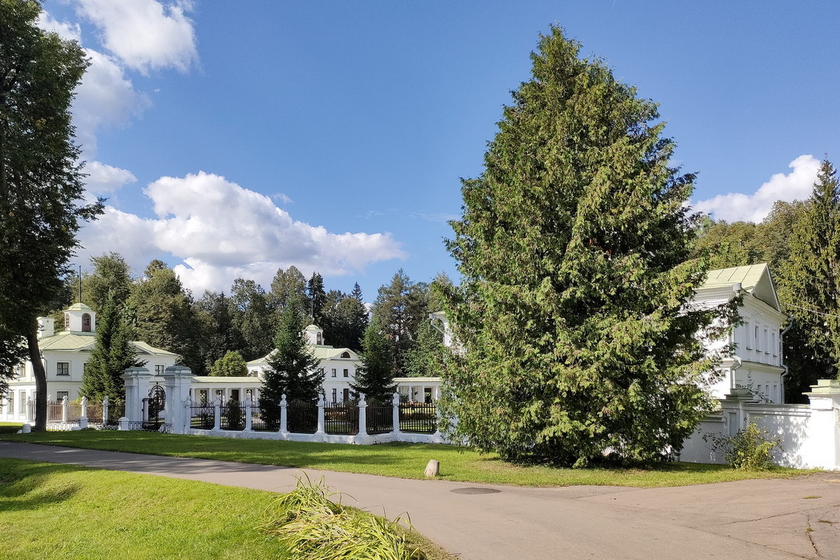 Общий вид на главный дом усадьбы Середниково и его пристройки летом