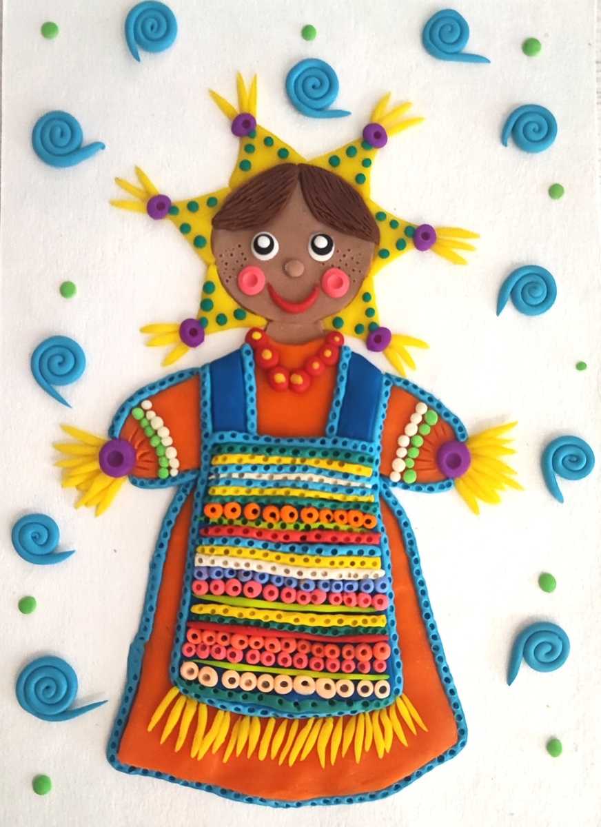 Готовый вариант аппликации из пластилина на картоне на тему Масленица.