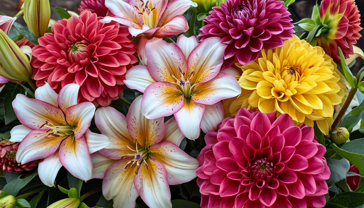 Гладиолусы, георгины, лилии