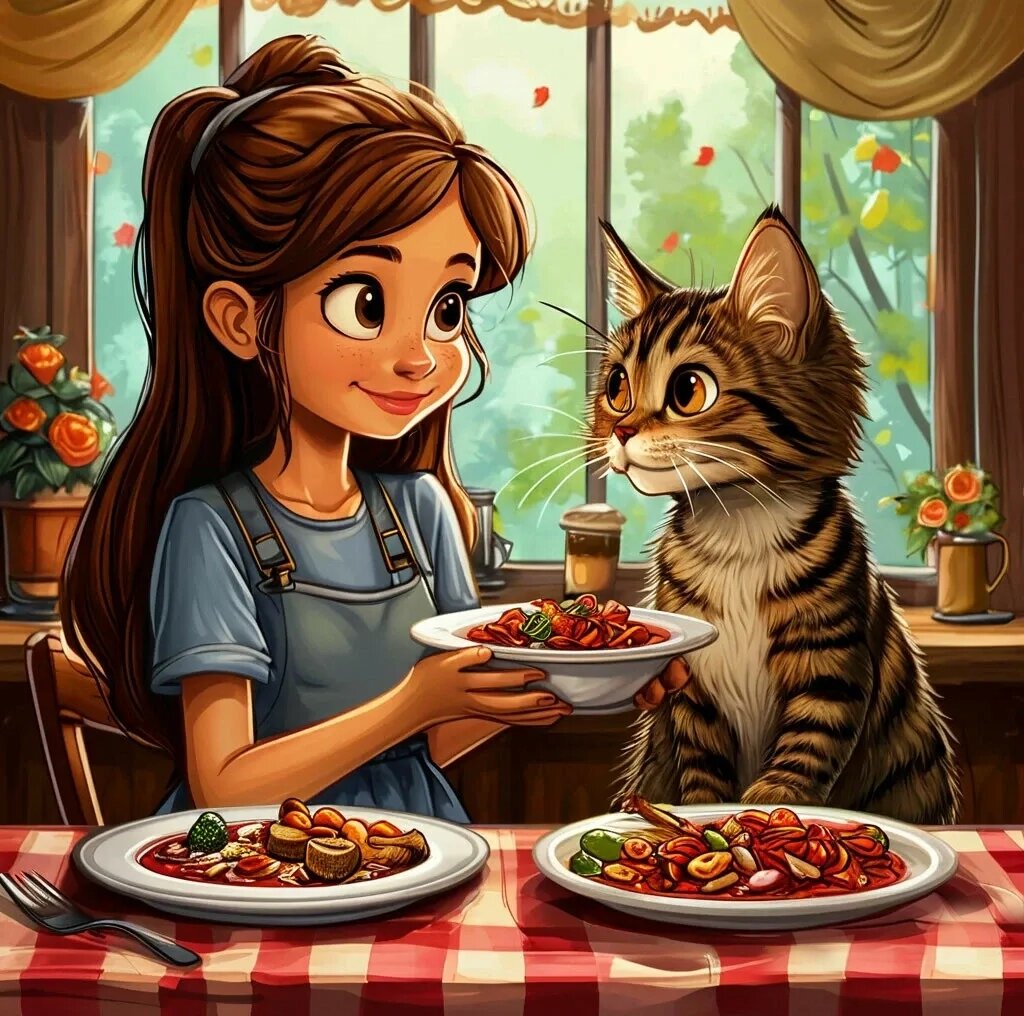 Однажды девушка села за стол, перед ней стояла тарелка горячего борща. Она взяла ложку, попробовала и задумчиво произнесла: — Ммм... цимес здесь точно в свекле!
Тут вдруг из-за угла выглянул кот и, мяукая, добавил: — А я думал, цимес — это моя миска с молоком!
Девушка рассмеялась и ответила: — Ну, каждому своё! Главное, чтобы цимес был в радость!
