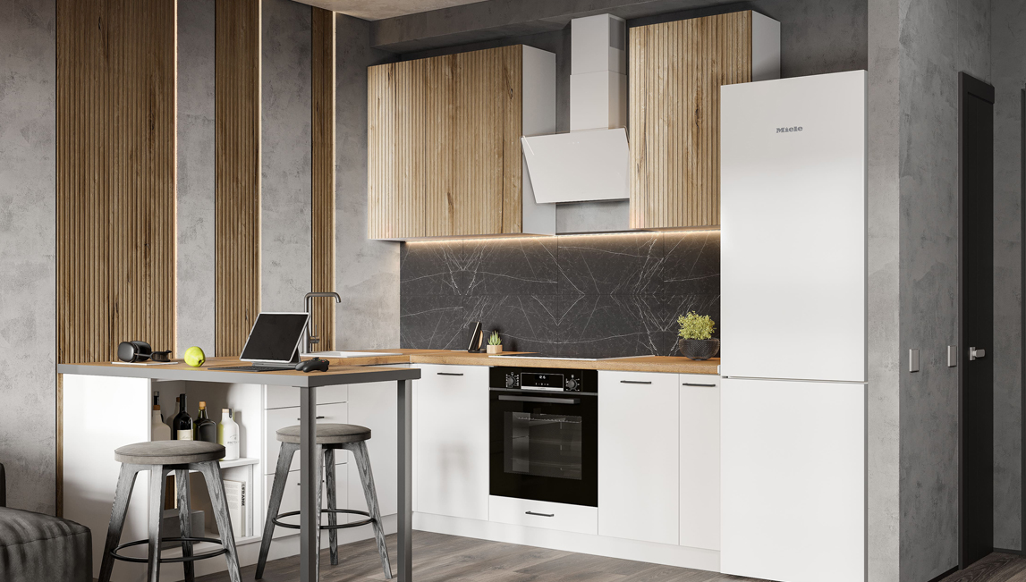 Минимализм и простота форм кухни на примере проекта Стайл. Светлые цвета особенно расширяют пространства в кухнях небольших размеров