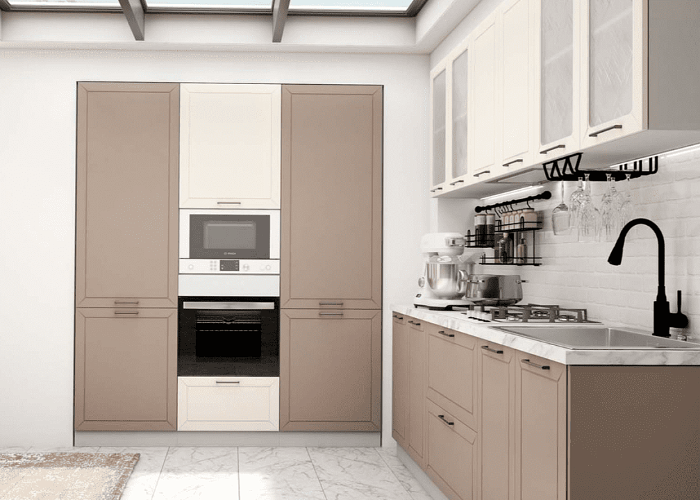 Встроенная умная техника на примере проекта модульной кухни Вектор. Обратите внимание, что панели маскируют и холодильник, и посудомоечную машину