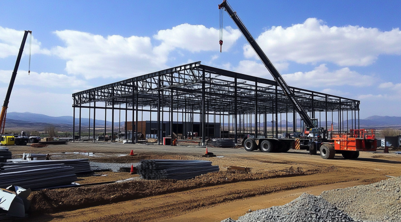 Склад со стальным каркасом на стадии строительства. Изображение сгенерировано с помощью нейросети Midjourney