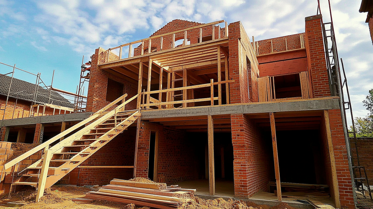 Строительство кирпичного здания. Изображение сгенерировано с помощью нейросети Midjourney