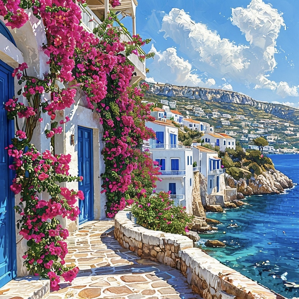 Греческий остров с бело-синими домиками, цветущими бугенвиллиями и лазурным морем, спокойная весенняя атмосфера