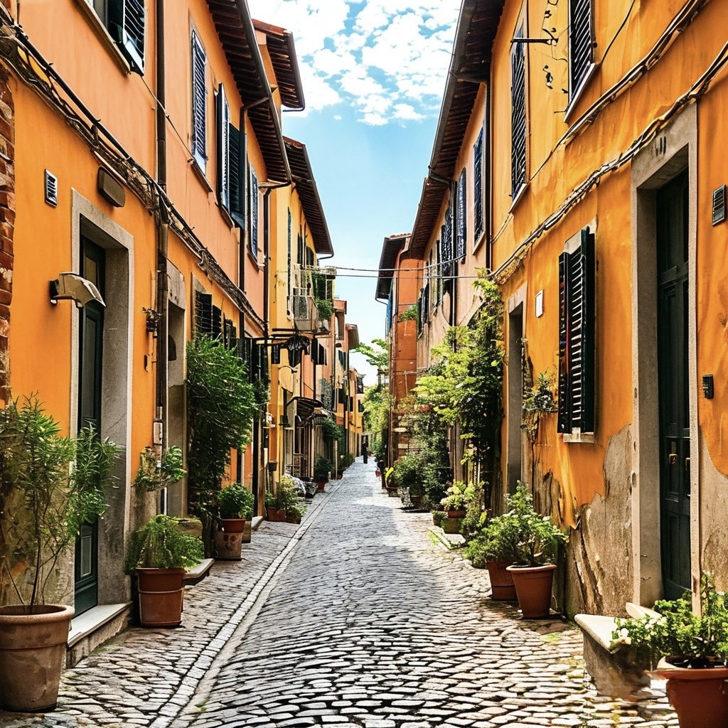 Узкая улочка в историческом центре Италии с яркими домами, брусчаткой и весенним солнечным светом