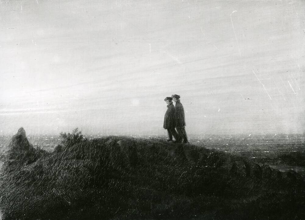 Каспар Давид Фридрих. Два странника у моря, ок. 1817. Ранее хранилась в Галерее новых мастеров, Дрезден. Считается утраченной с 1945 года.