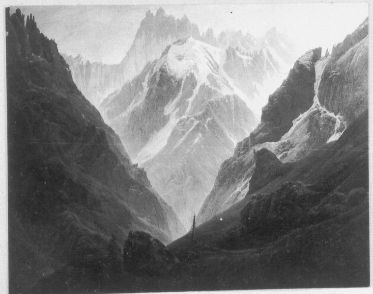 Каспар Давид Фридрих. Высокие горы (Швейцарский пейзаж), ок. 1824. Ранее хранилась в Национальной галерее Берлина. Сожжена в 1945 году.