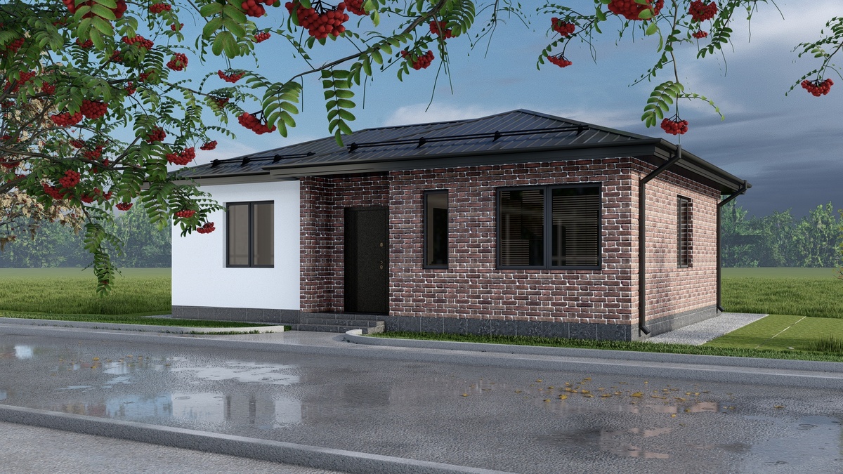 В отделке жилого дома по проекту Краснотуринск 65 кв.м архитектор Ладом предлагает комбинированную отделку фасада