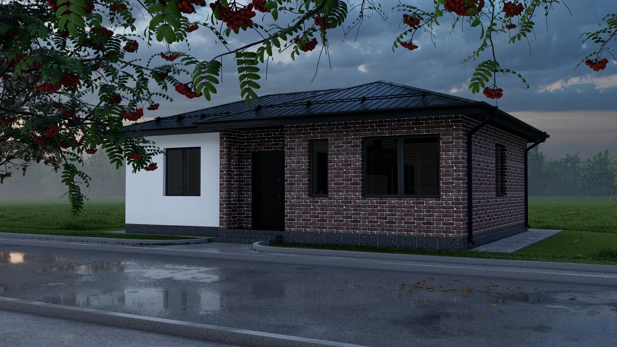 В отделке жилого дома по проекту Краснотуринск 65 кв.м архитектор Ладом предлагает комбинированную отделку фасада