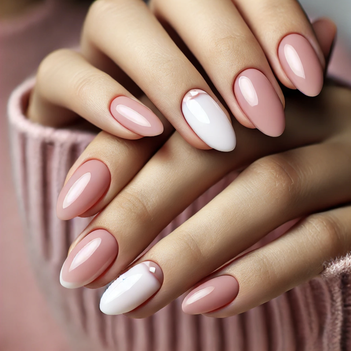 Розовый маникюр с мягкими белыми акцентами