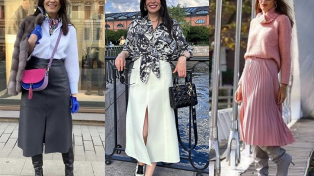 Модные модели юбок на каждый день. Это стильные модели миди с блузкой или свитером а так же с рубашкой белого цвета.