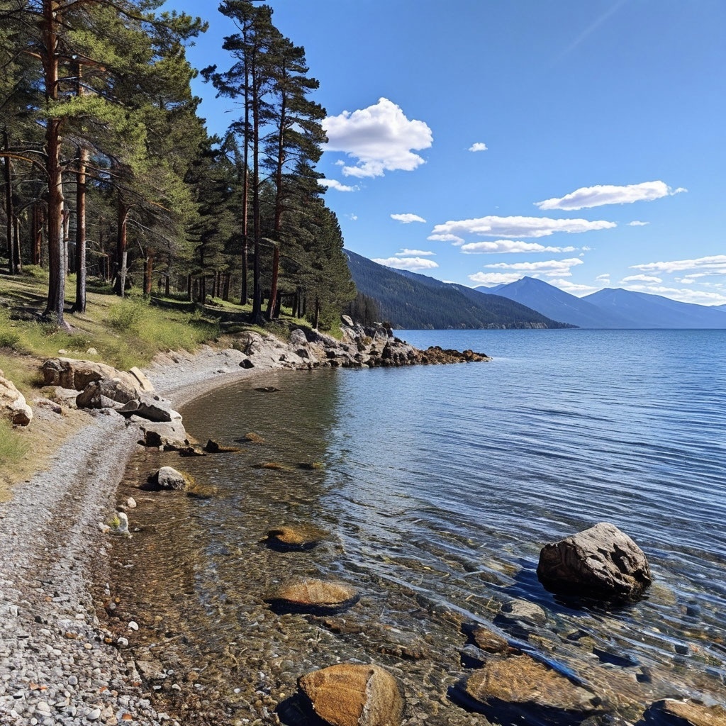 Солнечный весенний Байкал, берег с соснами, прозрачная вода, горы на горизонте, спокойная атмосфера путешествия