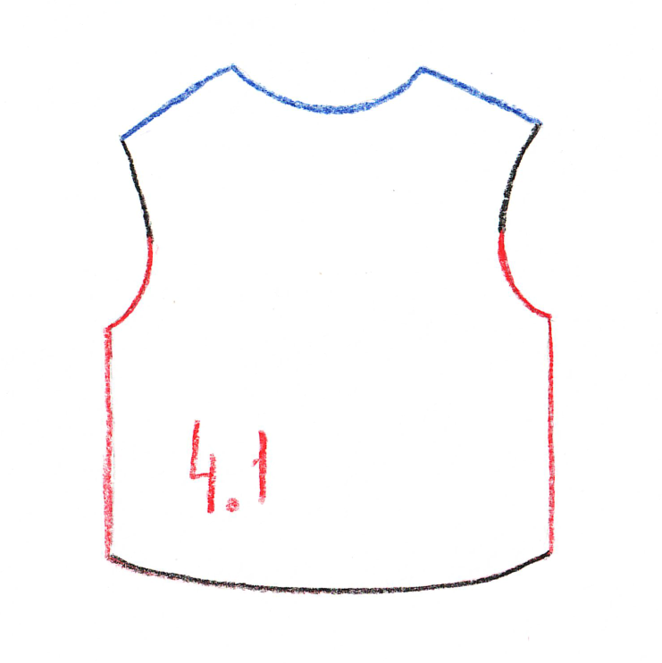 РИС.1 Красным цветом отмечены линии конструируемых участков - низ проймы спинки, боковой шов. Синей линией обозначена линии ранее сконструированных участков - горловины и плечевого ската спинки.