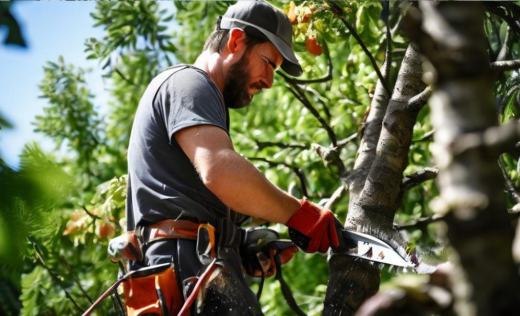 Этот дядька по густой жаре может делать только одно - санитарную обрезку. То есть удаление больных, сухих или поврежденных веток. По уму обрезка делается до начала сокодвижения и распускания почек. 