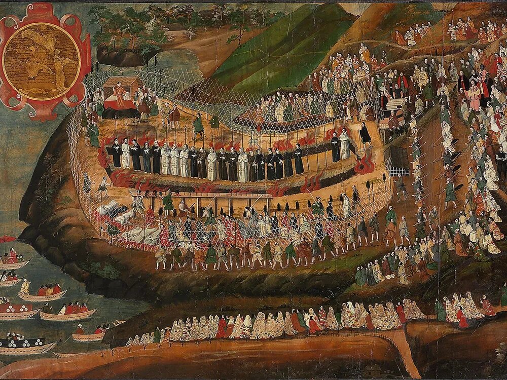 Картина 17-го века, изображающая мученичество Великой Генны 10 сентября 1622 года, во время которого 55 христиан были обезглавлены или сожжены заживо