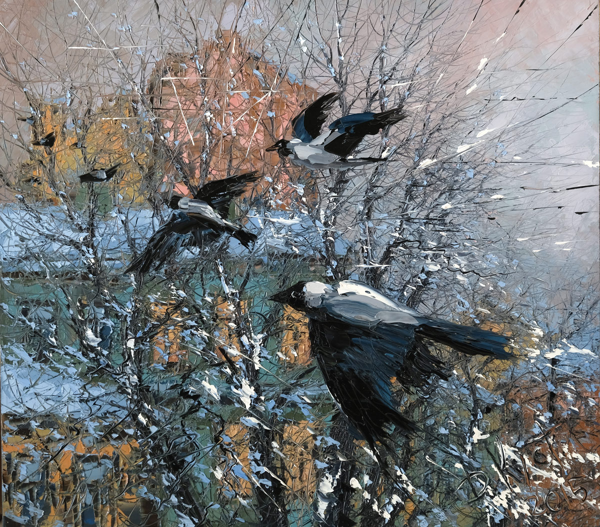 Художник Дмитрий Кустанович. Вороны над зимними крышами, 70x80 см, холст, масло, 2015