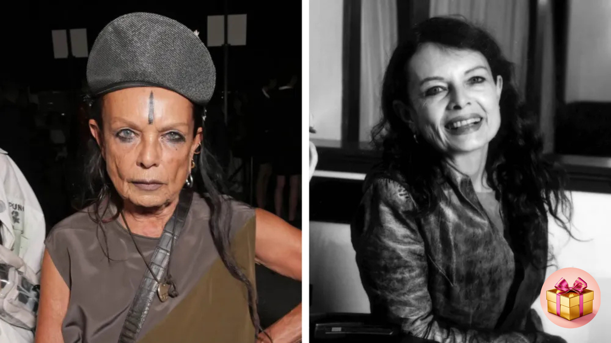 Слева - Мишель Лами на показе бренда Moncler Genuis, Милан 2018; справа - Мишель Лами перед выступлением в Les Deux Cafe 10 марта 1998 года в Лос-Анджелесе, Калифорния.