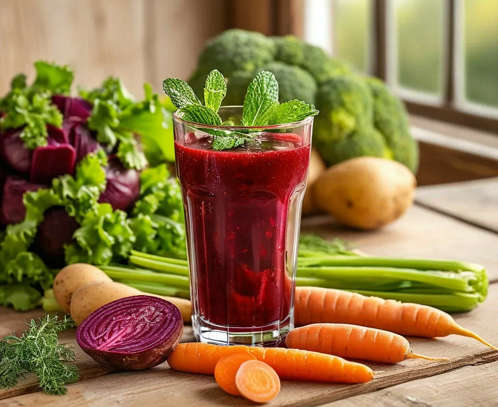 Фото свежевыжатого сока из картофеля, моркови и свеклы в стильном стеклянном стакане на светлом деревянном столе. Рядом – свежие овощи: картофель, морковь и свекла, подчеркивающие натуральность и пользу для здоровья щитовидной железы. Минималистичный современный стиль, мягкое естественное освещение и пастельный фон создают атмосферу уюта и заботы о себе. Идеально для статей о натуральных средствах для щитовидки и здоровом питании.