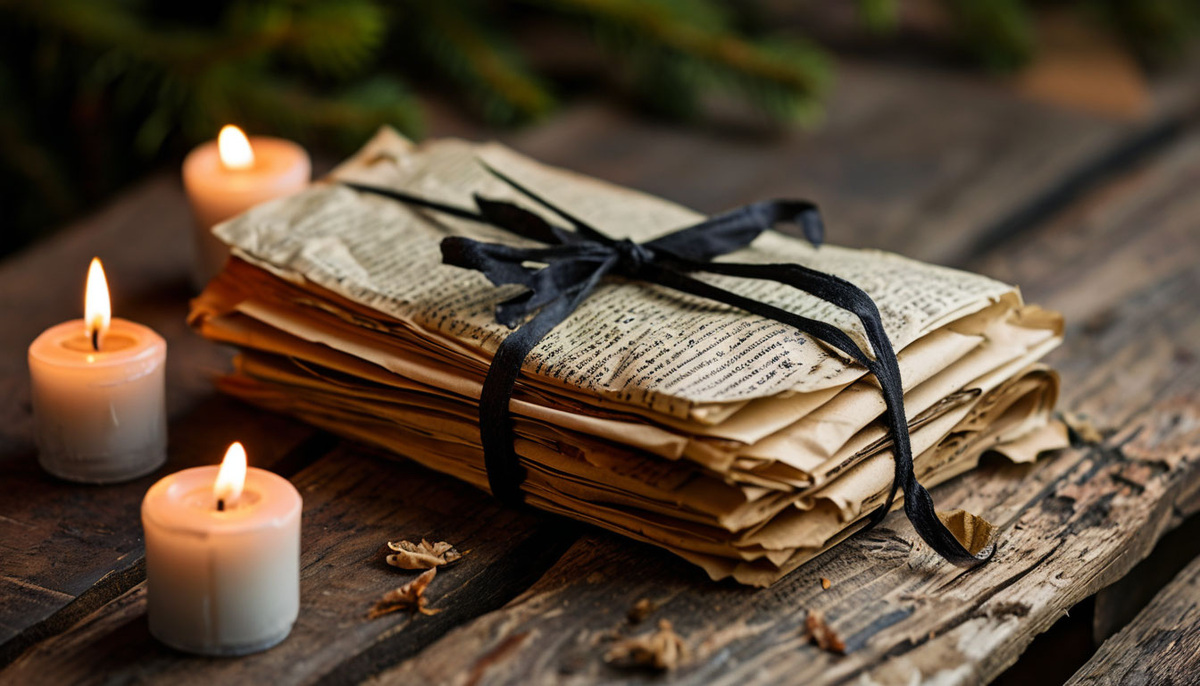Пачка старых бумаг, перевязанная черной лентой