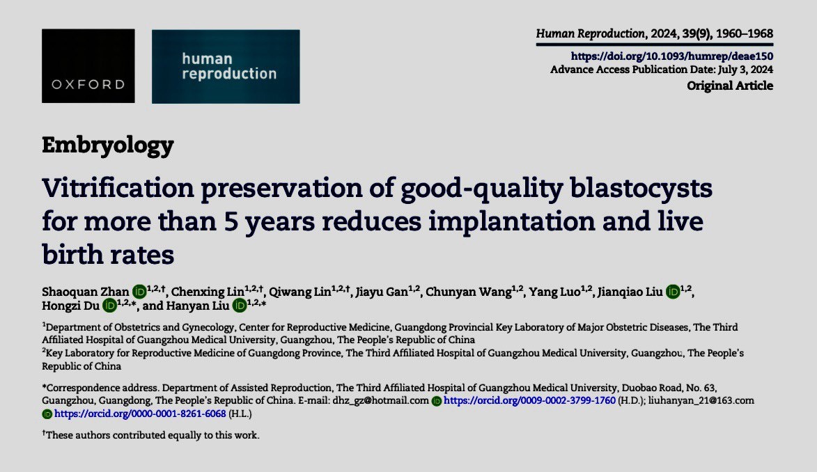 Vitrification preservation of good-quality blastocysts for more than 5 years reduces implantation and live birth rates. Shaoquan Zhan, Chenxing Lin, Qiwang Lin, Jiayu Gan, Chunyan Wang, Yang Luo, Jianqiao Liu, Hongzi Du, Hanyan Liu.
Human Reproduction, Volume 39, Issue 9, September 2024, Pages 1960–1968, https://doi.org/10.1093/humrep/deae150