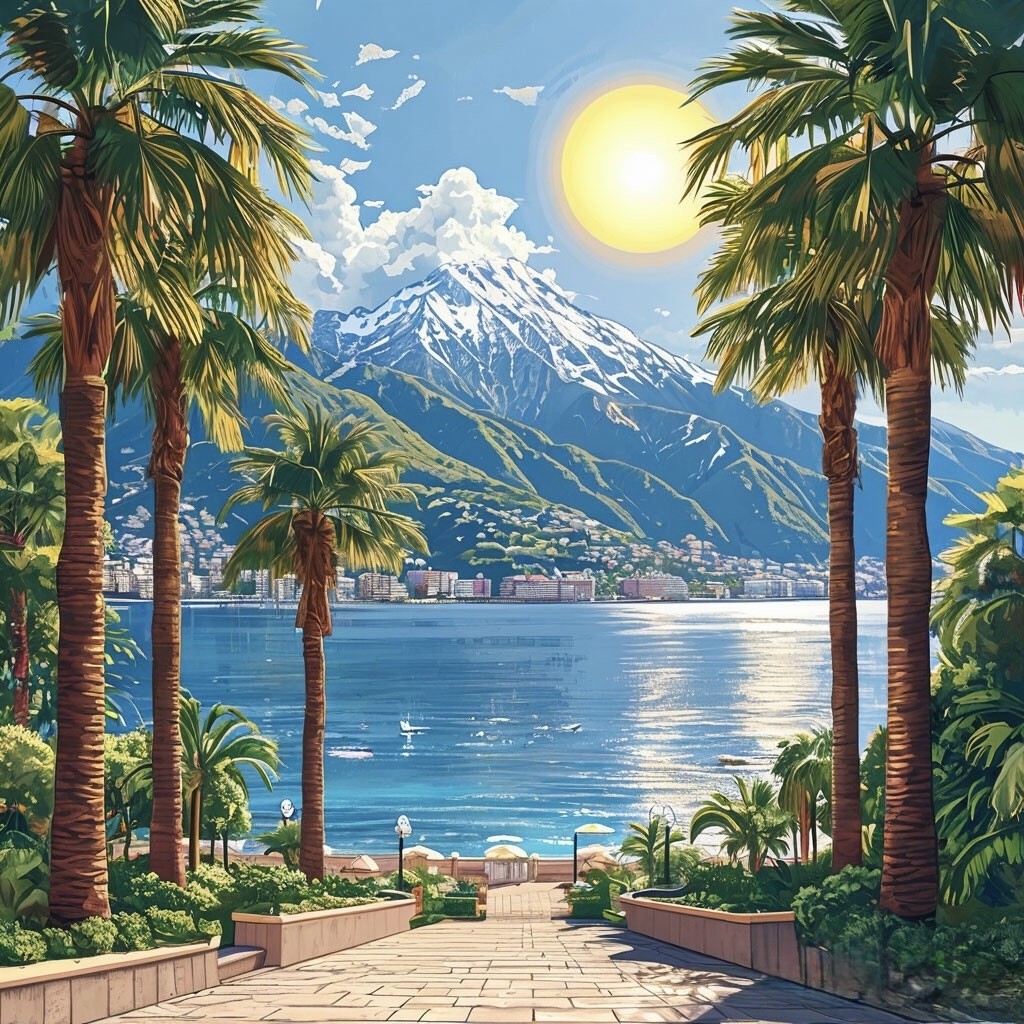 Побережье Чёрного моря, яркое солнце, зелёные пальмы на набережной, вдали видны горные вершины Красной Поляны со снегом на склонах, атмосферное утро