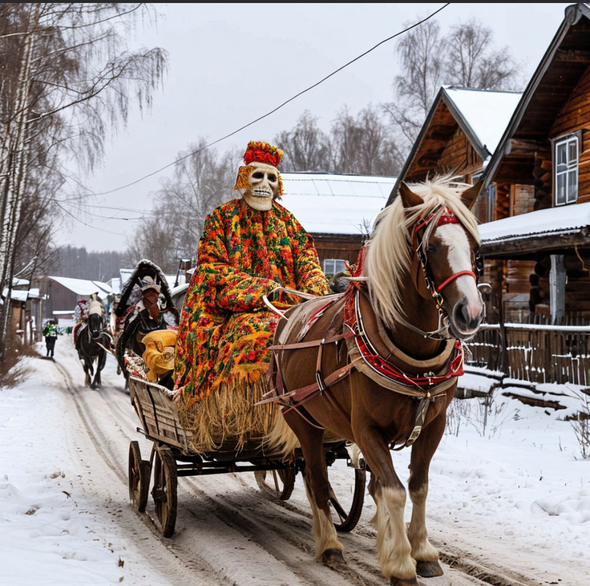Чучело масленицы вощили по селу целую неделю, часто вместе с ним/вместо него ездил ряженый мужик, острый на словцо и забавы