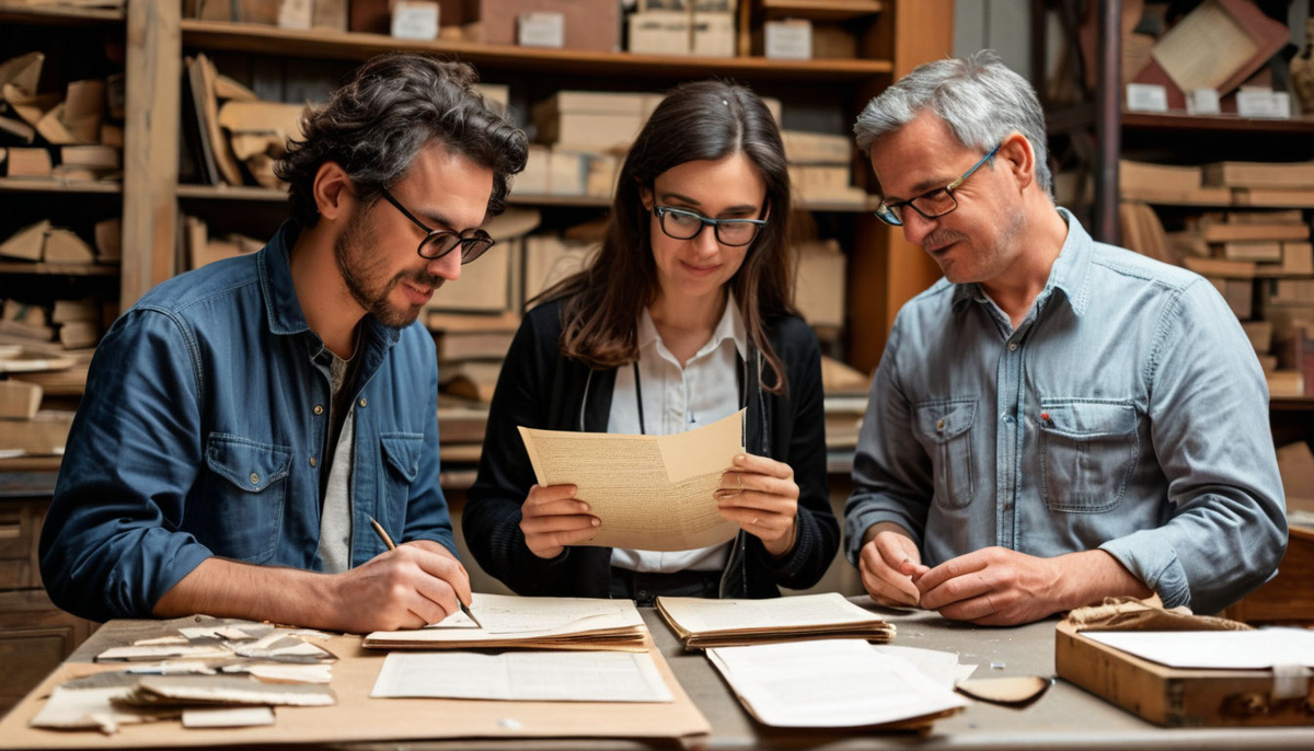 Искатели рассматривают старые бумаги и найденные артефакты