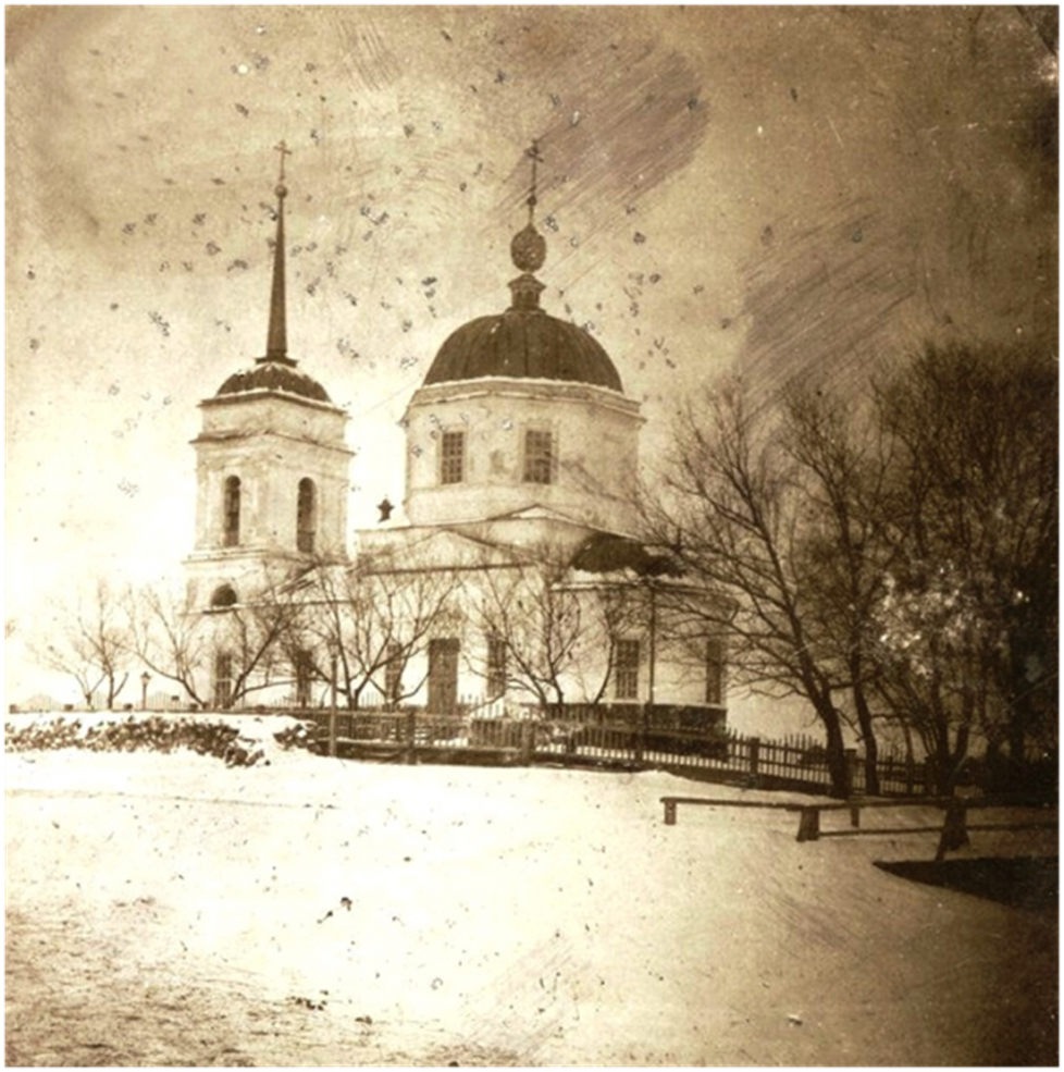 Так выглядела кирпичная Богоявленская церковь, построенная в 1835 году (утрачена в 1931 году).