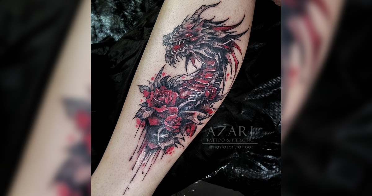 Стильный дракон с розами. Мастер: Анастасия Азари.