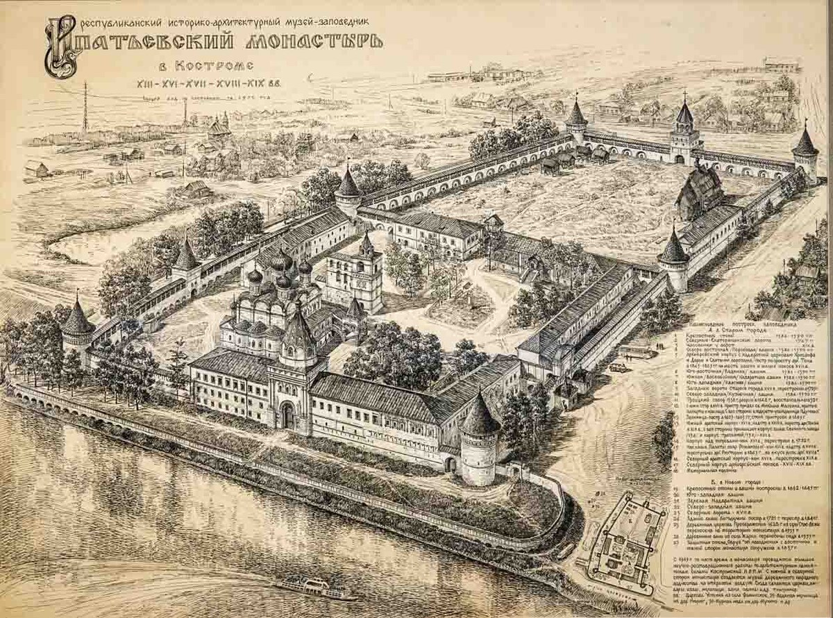 Ипатьевский монастырь в Костроме. Панорамный вид и схематический план. Рисунок архитектора А. Хамцова. 1970 год