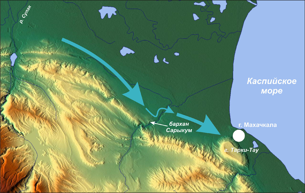 Рис. 2. Схема движения водного потока на карте рельефа.