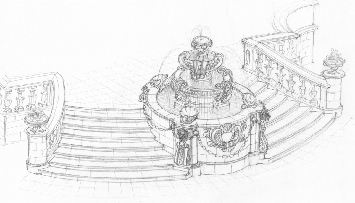 Фонтан с рыбами. Первый эскиз.