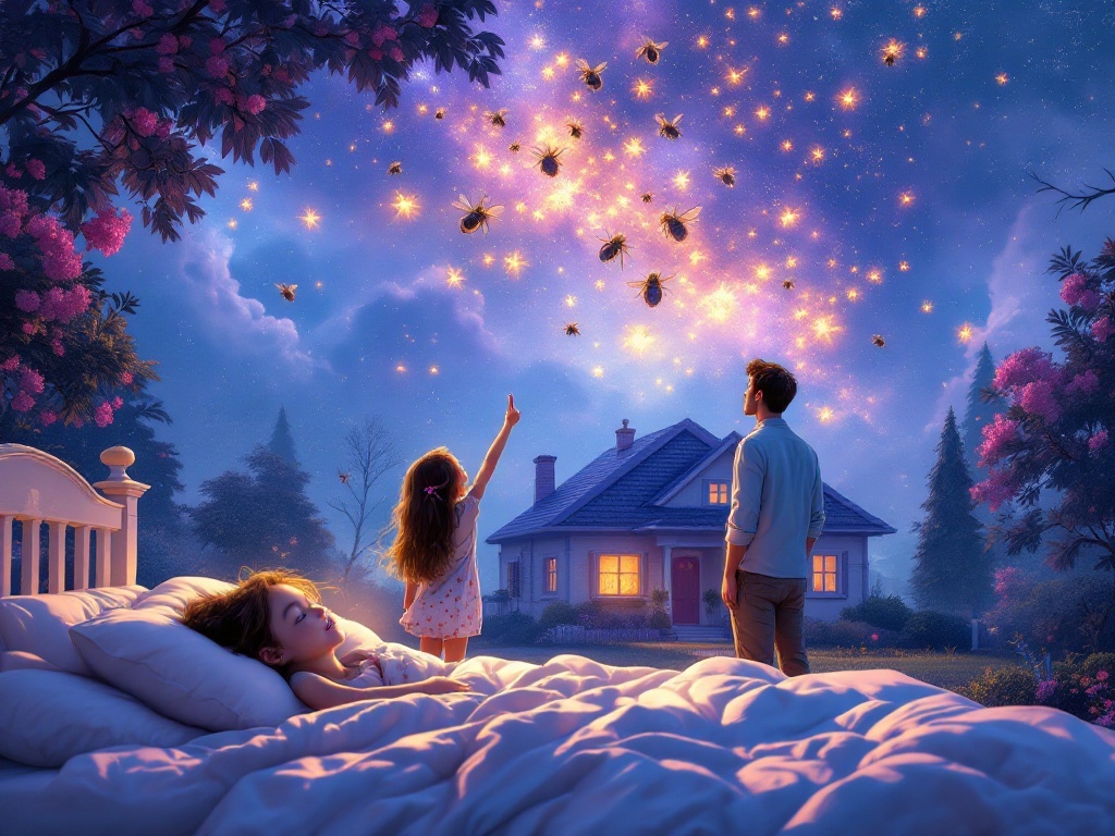    К чему такое снится: На картине изображены дочь и отец у дома. Дочь указывает вверх на осиные гнезда на крыше, а отец смотрит вверх в удивлении. Вокруг дома видна спокойная природа.