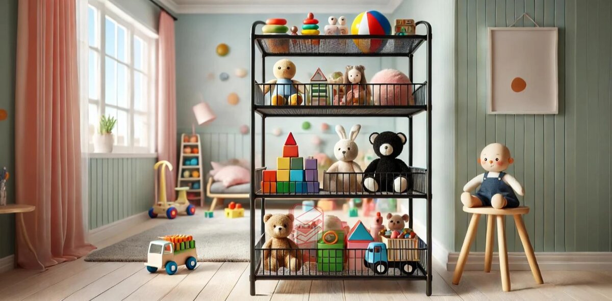 Стеллаж металлический для игрушек в детской комнате - фото Стеллажин
