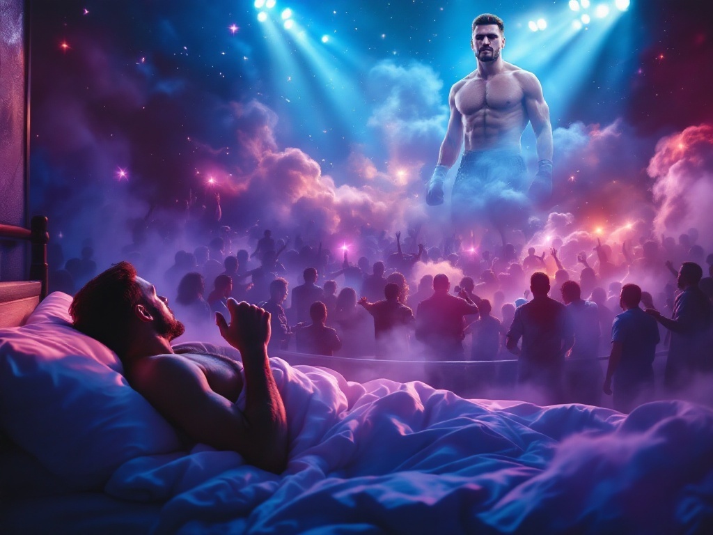    К чему такое снится: На картине изображен Александр Усик в центре спортивного ринга, вокруг него собрана группа людей, которые выражают уважение и восхищение. Один из фигур в толпе начин