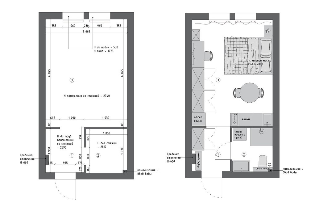 Обмерный план и итоговая расстановка мебели