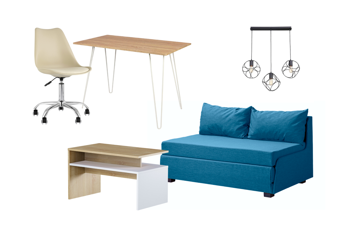 Диван-кровать «Милк» с размером спального места 118 на 209 сантиметров — 13 241* рубль, журнальный стол «Лайт» — 2060* рублей, компьютерный стол WD-06 размером 101,5 на 50 сантиметров — 4553* рубля, компьютерное кресло Blok с обивкой из экокожи — 3290* рублей, подвесная люстра Vitaluce — 3473* рубля. Весь комплект выйдет в 26 617* рублей.