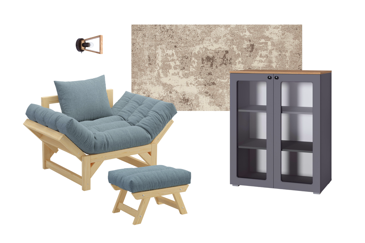 Кресло «Европа-2» с деревянным основанием и обивкой из рогожки — 9999* рублей, шкаф-витрина «Остин» размером 80 на 41,9 сантиметра — 10 784* рубля, бра Brussels — 2990* рублей, ковер Time Sahara — 3318* рублей, пуф «Европа» — 4189* рублей. Получился комплект за 31 280* рублей.