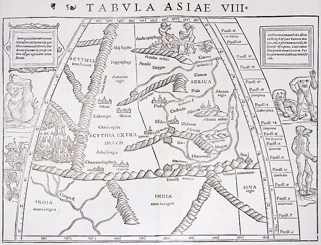 Гравюрная карта Центральной Азии, 8-я региональная карта Азии Птолемея (Tabula Asiae VIII). Скифия дополнительно Имаум и Серика, земля Серов. Фото является общественным достоянием.