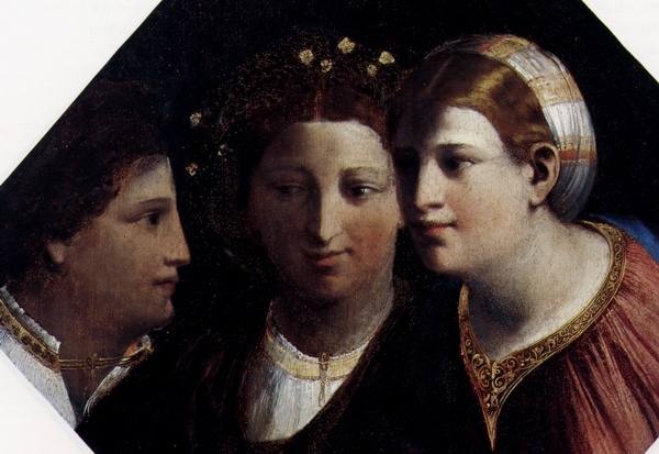 Рене Французская, герцогиня Феррарская, с двумя старшими детьми, дочерью Анной и сыном Альфонсо (фрагмент росписи в замке Эстенсе)