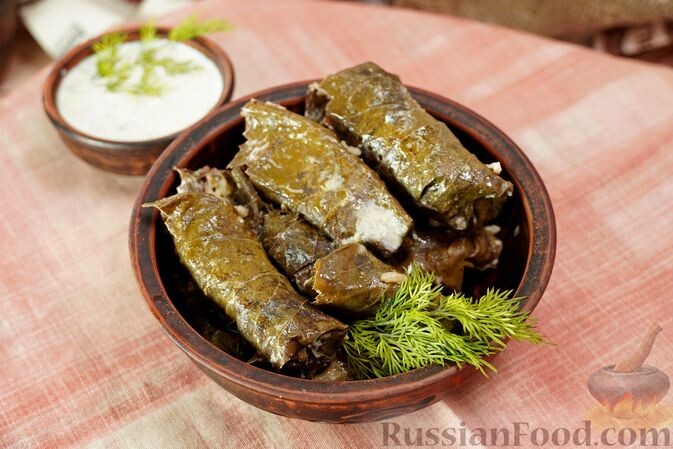 листья виноградные консервированные, рис, лук зелёный, зелень петрушки, зелень укропа, мята, масло оливковое, соль, перец чёрный молотый, яйца, лимон, соус дзадзики (для подачи)