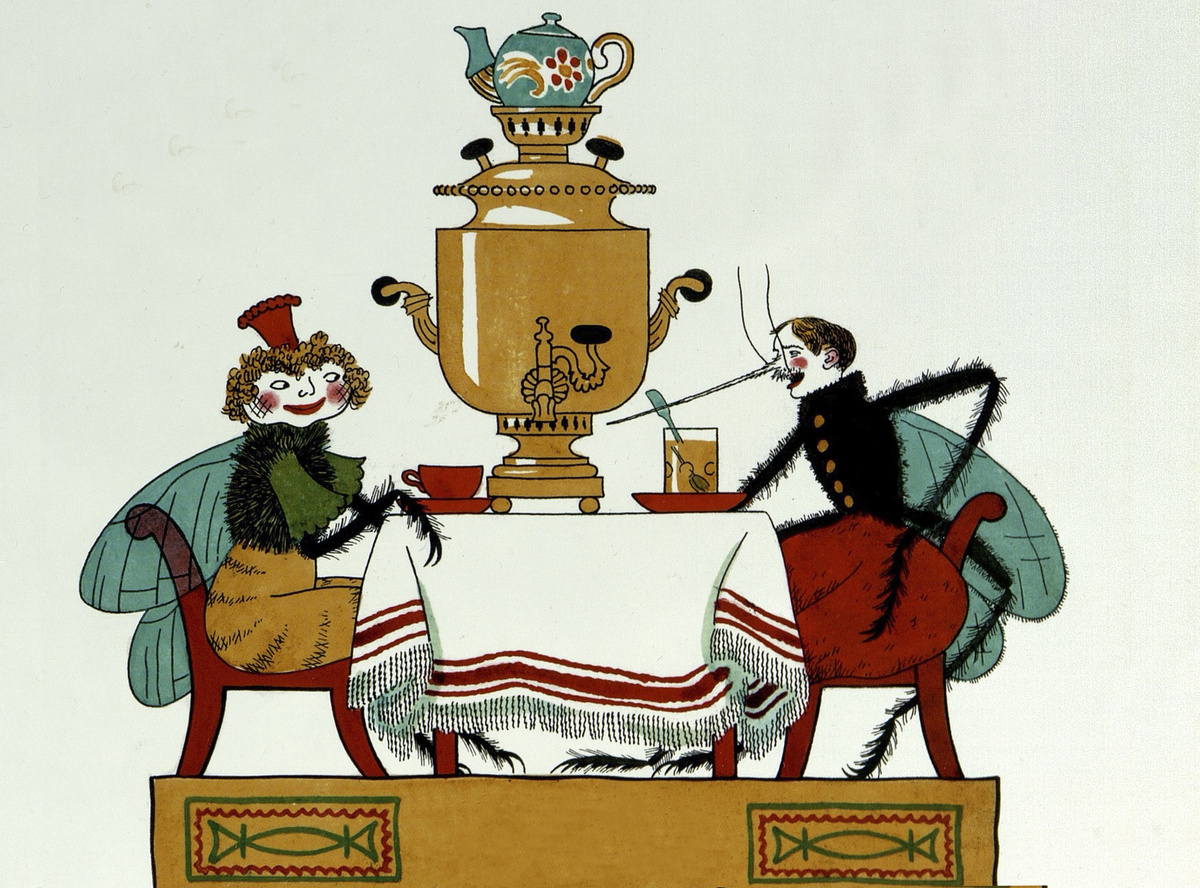 Рисунок В. Конашевича 1927года (фрагмент обложки «Мухи-Цокотухи», изд-во «Мелик-Пашаев», 2016 год).