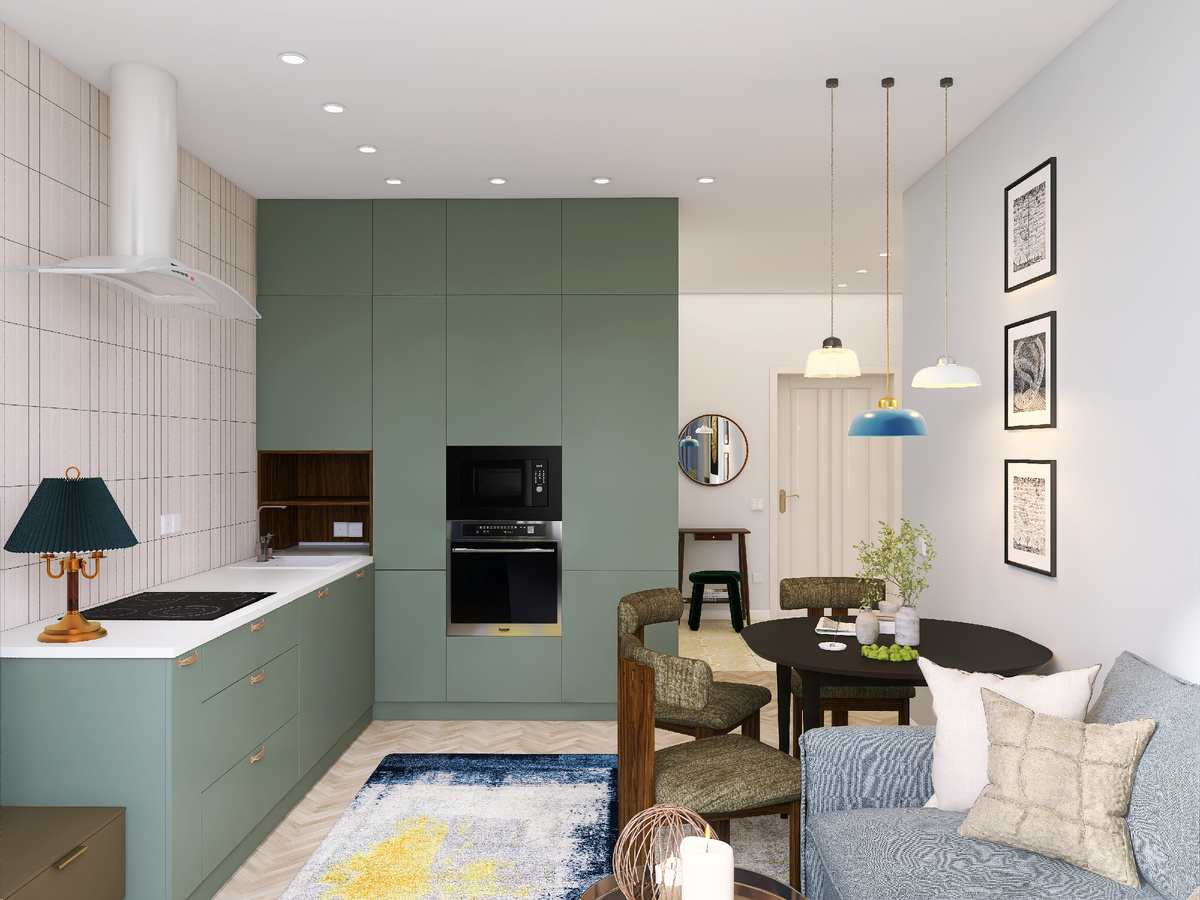 В этой квартире проживают два человека - мама и дочь 15 лет. Дизайн квартиры в ЖК "Парк столиц" в городе Екатеринбурге выполнен в современном стиле с добавлением некоторых классических элементов. Хозяйка квартиры любит различные вещи с историей, так в её спальне появились антикварные прикроватные тумбы, ретро ковер, который задал цветовое решение всей квартиры.  В ней преобладают синие, голубые, бежевые оттенки. Акцентная стена в спальне выкрашена в глубокий синий цвет, добавлены ажурные молдинги и карниз, которые также выкрашены в цвет этой стены- это элементы современной классики. Различные оттенки синего цвета плавно разошлись по всей квартире.

Места хранения предусмотрены в постирочной. а также есть шкафы, они небольшие, но напомню. что в квартире проживают два человека, так что для них вполне достаточно. Кухонный гарнитур в данной квартире выполнен без верхних шкафов, что позволило сохранить воздушность пространства, при этом мест для хранения предостаточно в шкафах колоннах, и нижних базах, есть встроенный холодильник, и посудомоечная машина, так что все достаточно функционально.

Вся корпусная мебель выполнена на заказ, тумба ТВ,  обеденный стол, стулья от Dantone Home, диван - Диван ру, кровати в детской и спальне от мебельной фабрики Аскона, ковер - хозяйский, прикроватные тумбы, кресло в кухне гостиной - приобретены на Авито.