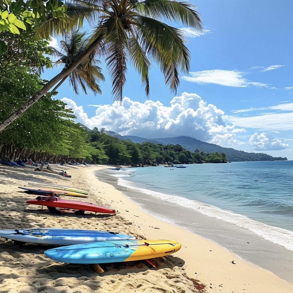 Солнечное утро на пляже Карон: белый песок, лазурная вода, несколько серф-досок у кромки моря и лёгкий морской бриз, создающий атмосферу беззаботного отдыха