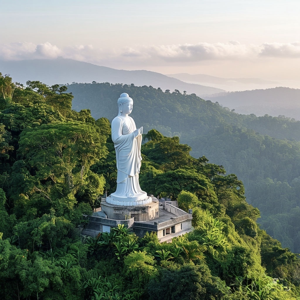 Утренний вид на Большого Будду на Пхукете: величественная белая статуя на холме, внизу тропическая зелень и лёгкая дымка, придающая сцене атмосферу умиротворения