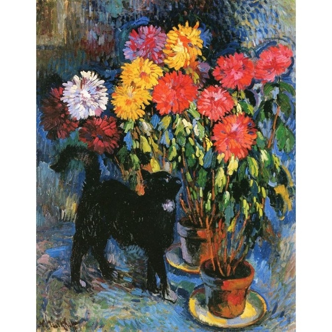 Николай Тархов. Георгины с черным котом. 1905. Холст, масло. Частное собрание